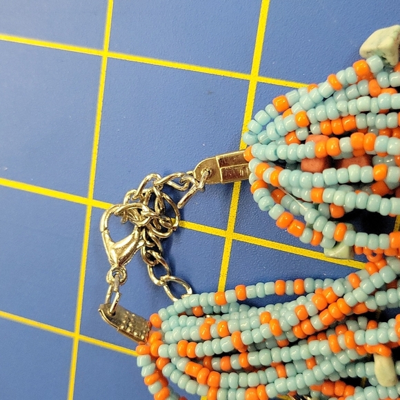 Multi Strand Beaded 18" Necklace & Earrings Set Blues & Coral - Picture 2 of 4